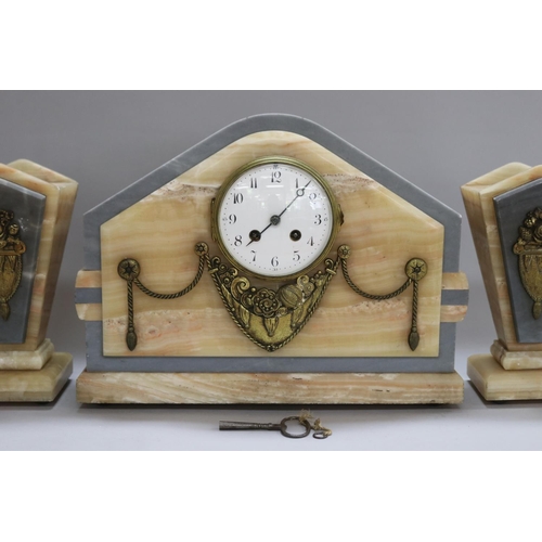 1205 - French Art Deco onyx & marble mantle clock & garnitures, has key, pendulum and pin for pendulum (for... 