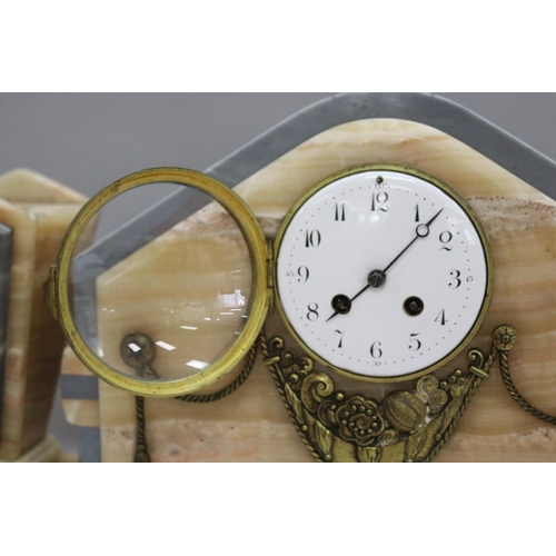 1205 - French Art Deco onyx & marble mantle clock & garnitures, has key, pendulum and pin for pendulum (for... 