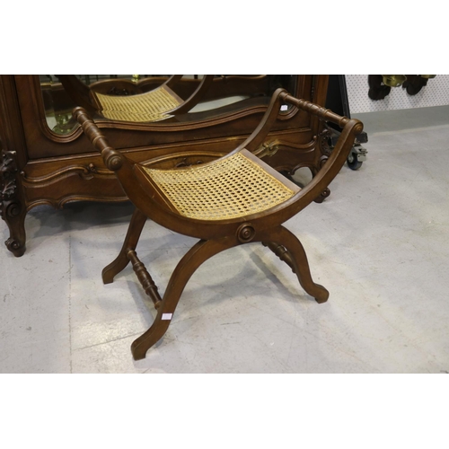 1229 - Vintage French X frame stool with cane seat, approx 52cm H x 60cm W x 36cm W