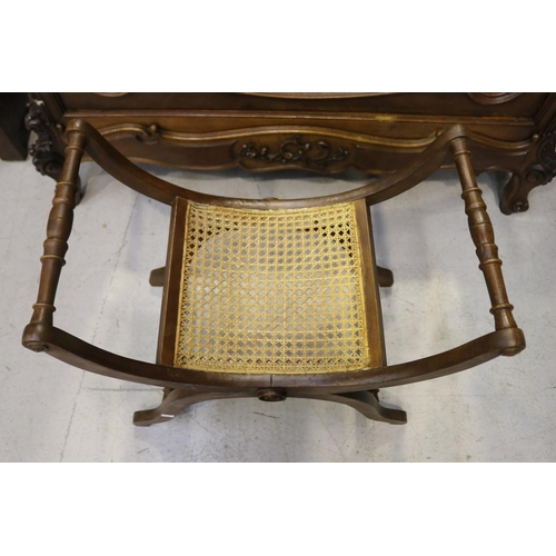 1229 - Vintage French X frame stool with cane seat, approx 52cm H x 60cm W x 36cm W