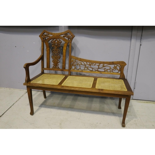 1275 - Unusual French Art Nouveau settee with cane seat & carved back support, approx 103cm H x 125cm W x 5... 