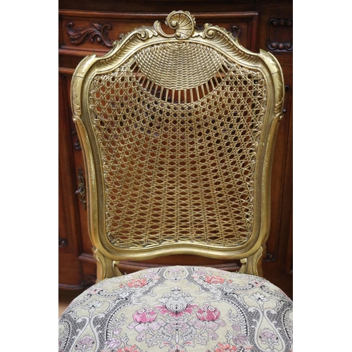 1277 - Pair of French Louis XV style gilt upholstered chairs, with ornate rattan backs, each approx 104cm H... 