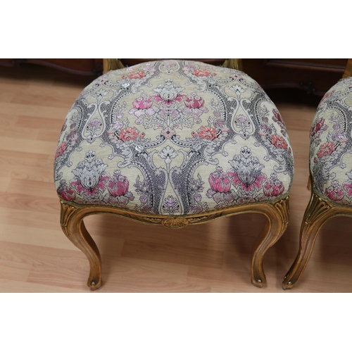 1277 - Pair of French Louis XV style gilt upholstered chairs, with ornate rattan backs, each approx 104cm H... 