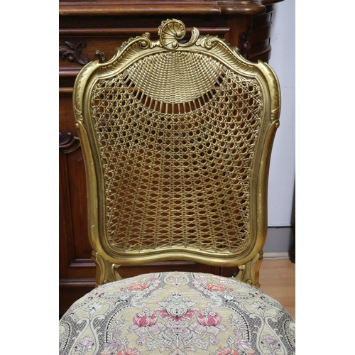 1277 - Pair of French Louis XV style gilt upholstered chairs, with ornate rattan backs, each approx 104cm H... 