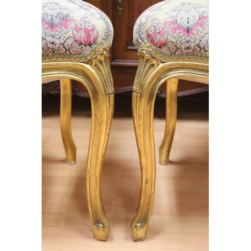 1277 - Pair of French Louis XV style gilt upholstered chairs, with ornate rattan backs, each approx 104cm H... 