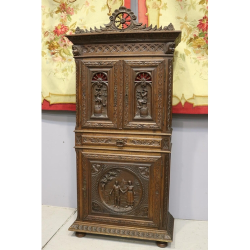 1289 - Antique French Brittany cupboard with double doors to top and single door below, single drawer to mi... 