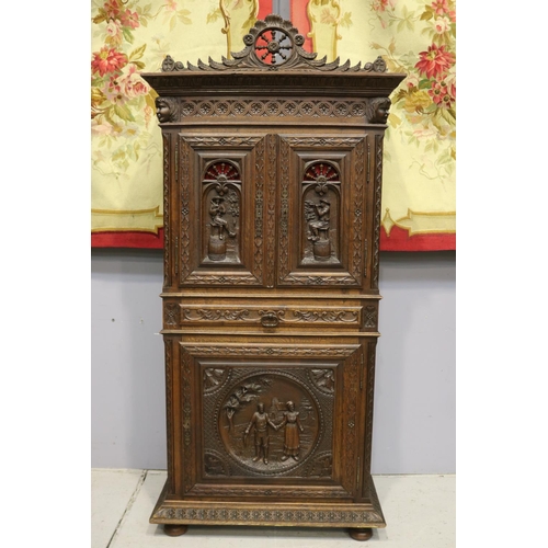 1289 - Antique French Brittany cupboard with double doors to top and single door below, single drawer to mi... 