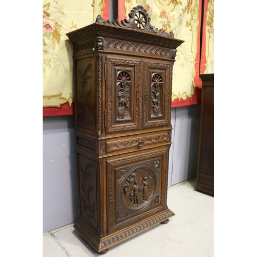 1289 - Antique French Brittany cupboard with double doors to top and single door below, single drawer to mi... 