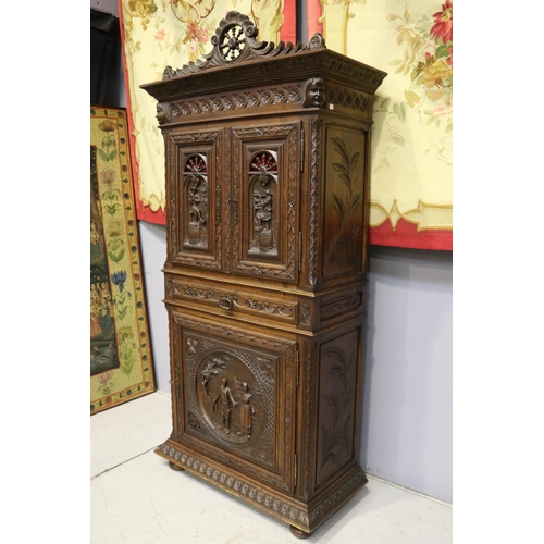 1289 - Antique French Brittany cupboard with double doors to top and single door below, single drawer to mi... 