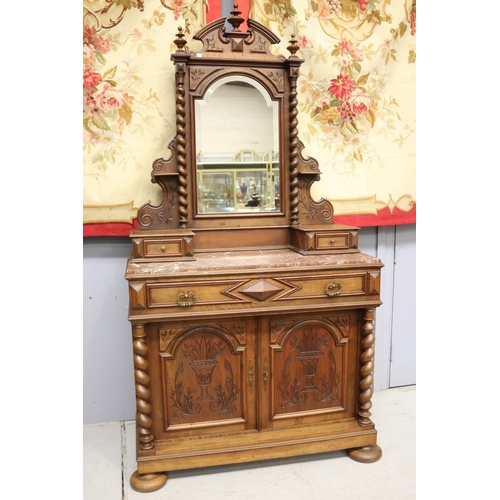 1333 - Antique French Henri II dressing chest, with mirror & marble top, approx 227cm H x 118cm W x 52cm D