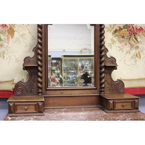 1333 - Antique French Henri II dressing chest, with mirror & marble top, approx 227cm H x 118cm W x 52cm D