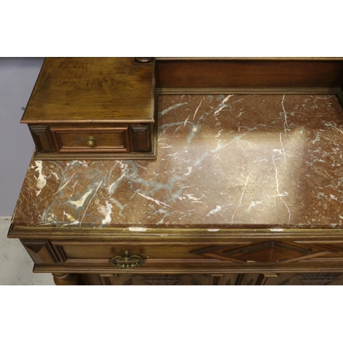 1333 - Antique French Henri II dressing chest, with mirror & marble top, approx 227cm H x 118cm W x 52cm D