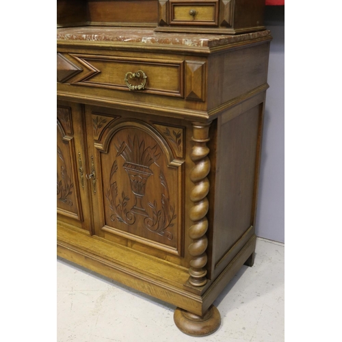 1333 - Antique French Henri II dressing chest, with mirror & marble top, approx 227cm H x 118cm W x 52cm D