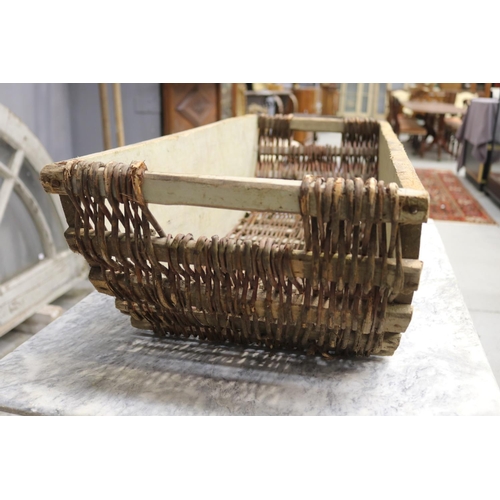 1334 - Large vintage French wicker & wood twin handled basket, approx 25cm H x 92cm W x 35cm D