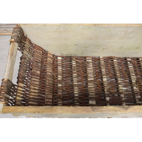 1334 - Large vintage French wicker & wood twin handled basket, approx 25cm H x 92cm W x 35cm D