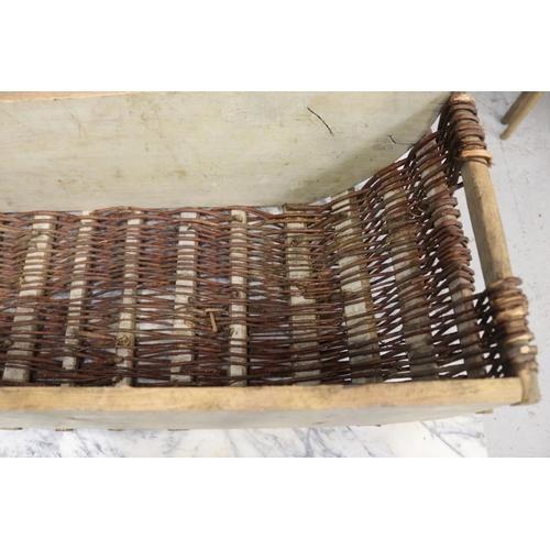 1334 - Large vintage French wicker & wood twin handled basket, approx 25cm H x 92cm W x 35cm D