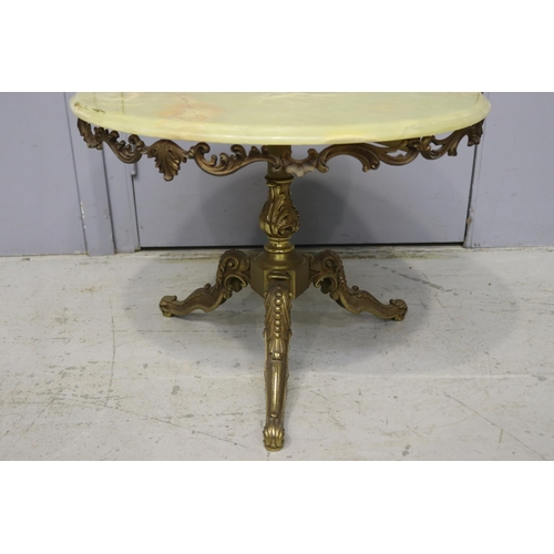1388 - Vintage French coffee table with brass base & green onyx top, approx 47cm H x 63cm dia