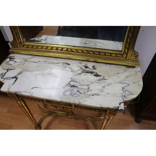 1403 - Antique French Louis XVI style gilt marble topped console and mirror, mirror approx 175cm H x 91cm W... 