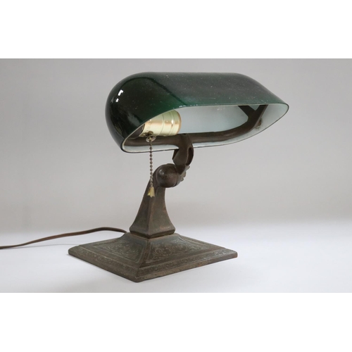 1221 - Bankers lamp with green shade & iron base, unknown working condition, approx 25cm H x 23cm W x 25cm ... 