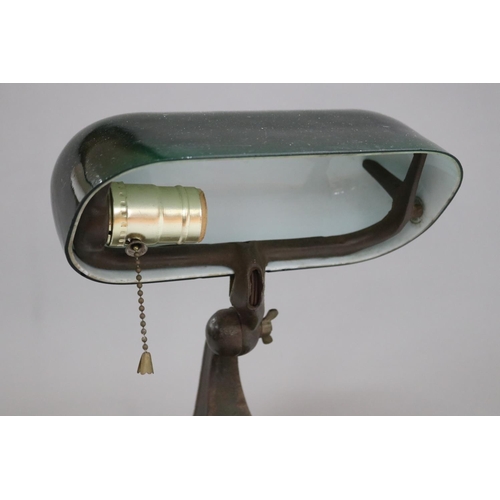 1221 - Bankers lamp with green shade & iron base, unknown working condition, approx 25cm H x 23cm W x 25cm ... 