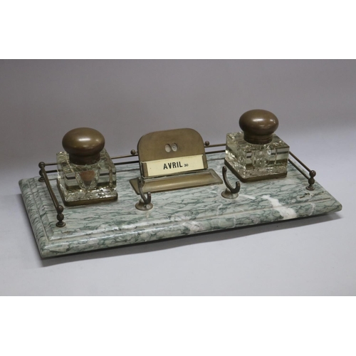 1241 - French double pot inkstand with date cards, on a marble base & brass gallery, approx 11cm H x 37cm W... 