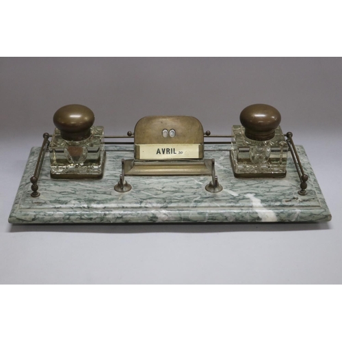 1241 - French double pot inkstand with date cards, on a marble base & brass gallery, approx 11cm H x 37cm W... 