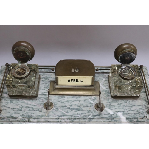 1241 - French double pot inkstand with date cards, on a marble base & brass gallery, approx 11cm H x 37cm W... 