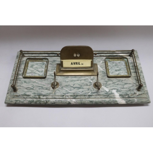 1241 - French double pot inkstand with date cards, on a marble base & brass gallery, approx 11cm H x 37cm W... 