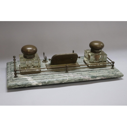 1241 - French double pot inkstand with date cards, on a marble base & brass gallery, approx 11cm H x 37cm W... 