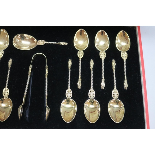 1266 - Cased thirteen Victorian hallmarked sterling silver apostle spoons along with a pair of tongs, Londo... 