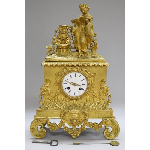 1281 - Antique early 19th century French ormolu figural clock, silk suspension movement, has key & pendulum... 