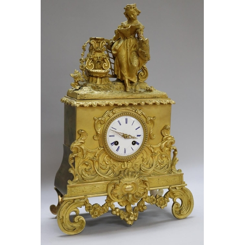 1281 - Antique early 19th century French ormolu figural clock, silk suspension movement, has key & pendulum... 