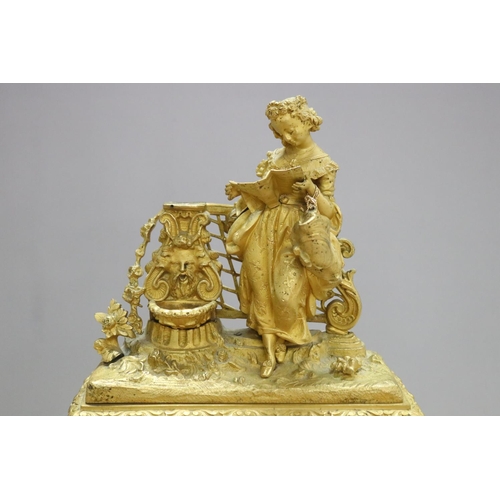 1281 - Antique early 19th century French ormolu figural clock, silk suspension movement, has key & pendulum... 