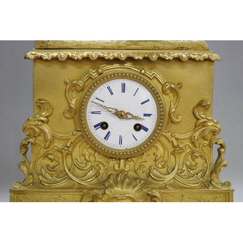 1281 - Antique early 19th century French ormolu figural clock, silk suspension movement, has key & pendulum... 