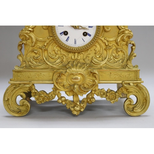 1281 - Antique early 19th century French ormolu figural clock, silk suspension movement, has key & pendulum... 