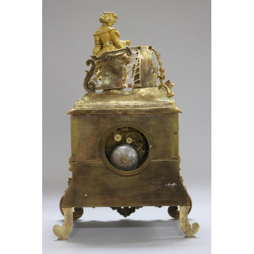 1281 - Antique early 19th century French ormolu figural clock, silk suspension movement, has key & pendulum... 