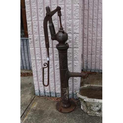 451 - Antique French cast iron monkey tail pump with composite stone basin, pump approx 148cm H x 67cm W (... 