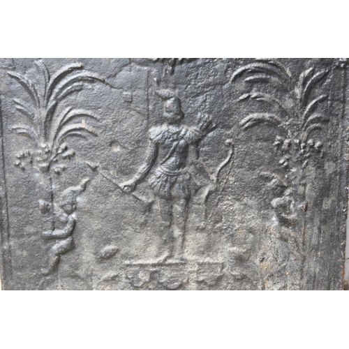 1407 - Antique French cast iron fireback, showing an archer to centre, approx 53cm Sq