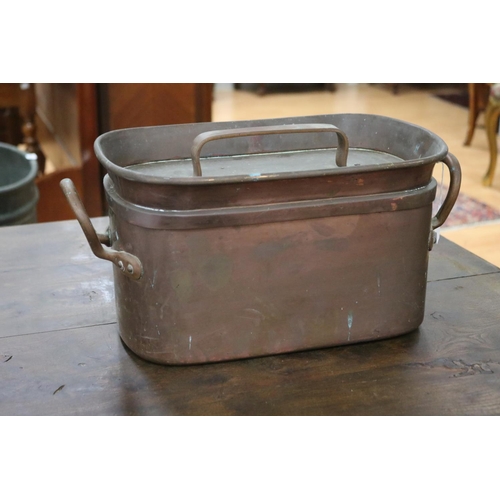 1239 - Antique French copper twin handled lidded Daubiere pan, approx 22cm H x 43cm W x 22cm D (including h... 