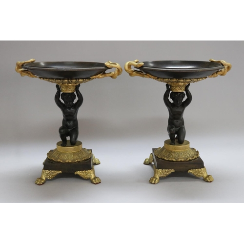 1324 - Fine pair of figural bronze and ormolu comports, each with entwined serpent handles, approx 24.5cm H... 