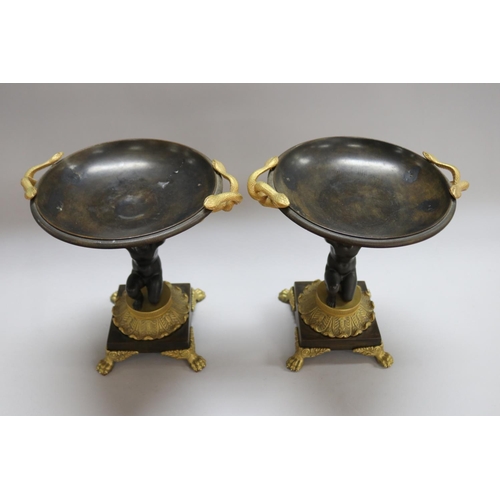 1324 - Fine pair of figural bronze and ormolu comports, each with entwined serpent handles, approx 24.5cm H... 