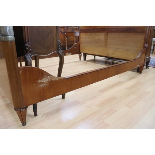 1052 - Fine French Art Deco bed, with silvered brass  mounts of two doves, European sizing, approx 197cm L ... 