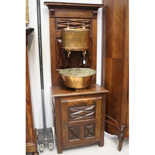 1064 - Antique French Louis XIII walnut and oak cupboard with copper cistern and bowl, approx 74.5cm L x 41... 