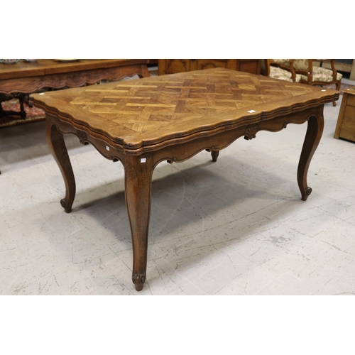 1327 - Vintage French Louis XV style drawer leaf dining table with parquetry top, approx 74cm H x 151cm W (... 