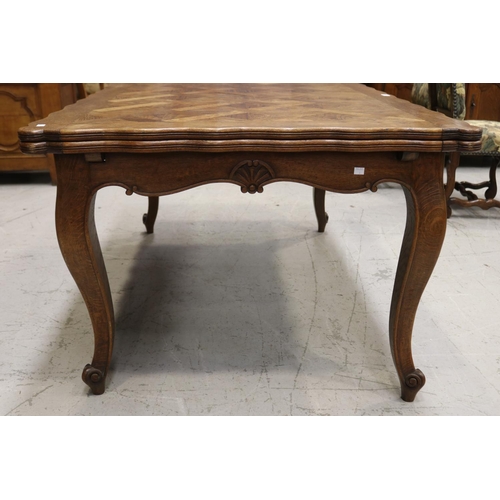 1327 - Vintage French Louis XV style drawer leaf dining table with parquetry top, approx 74cm H x 151cm W (... 