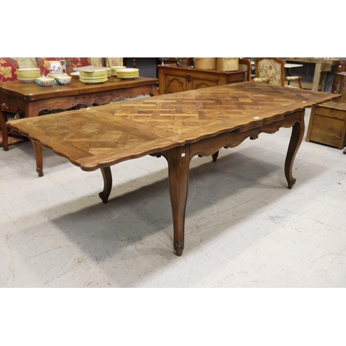 1327 - Vintage French Louis XV style drawer leaf dining table with parquetry top, approx 74cm H x 151cm W (... 