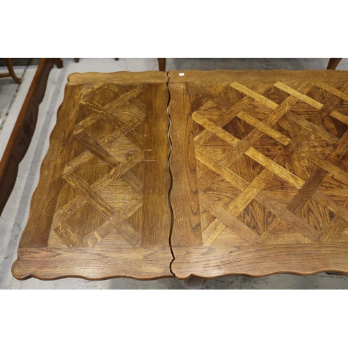 1327 - Vintage French Louis XV style drawer leaf dining table with parquetry top, approx 74cm H x 151cm W (... 