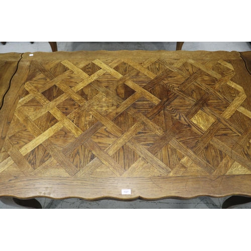 1327 - Vintage French Louis XV style drawer leaf dining table with parquetry top, approx 74cm H x 151cm W (... 