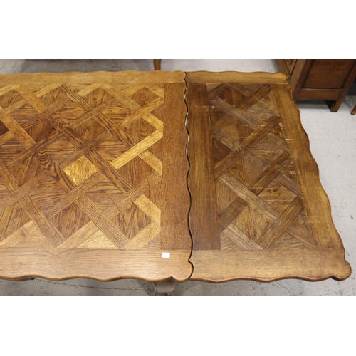 1327 - Vintage French Louis XV style drawer leaf dining table with parquetry top, approx 74cm H x 151cm W (... 