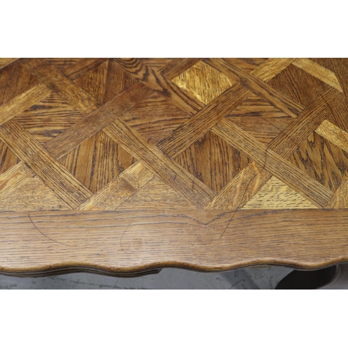 1327 - Vintage French Louis XV style drawer leaf dining table with parquetry top, approx 74cm H x 151cm W (... 